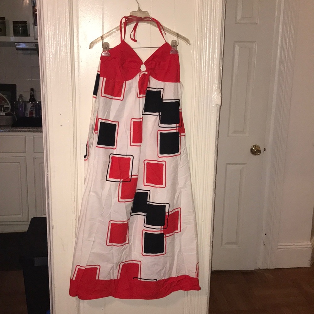 Halter top dress - red, black and white.
